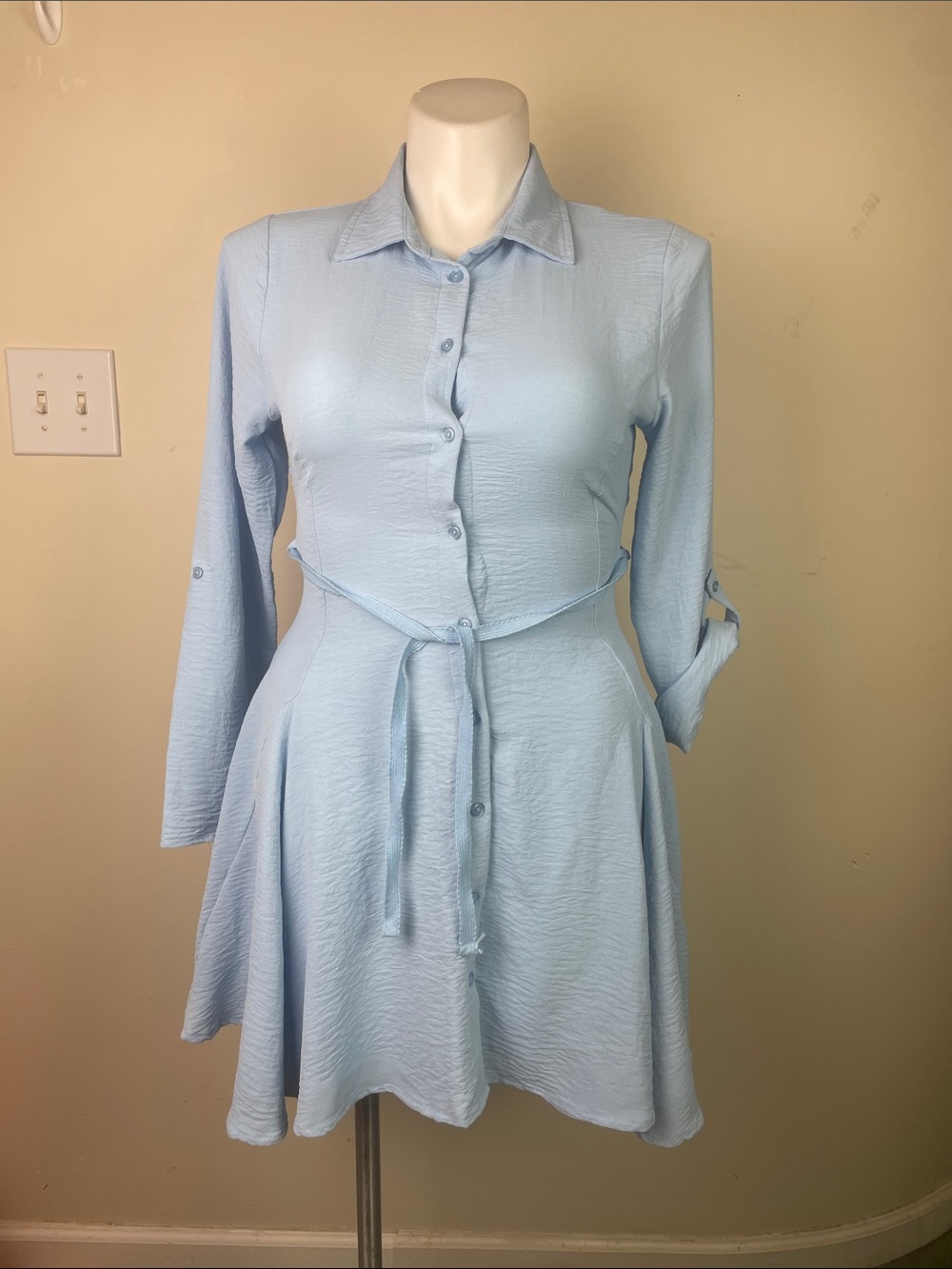 Jolie & Joy Button Front Long Sleeve Skater Dress Baby Blue